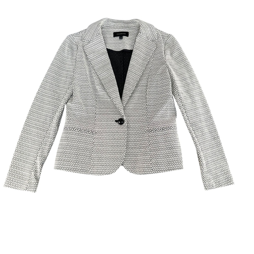 Talbots Womens Small Black White Basketweave Knit Single Button Blazer‎ Jacket